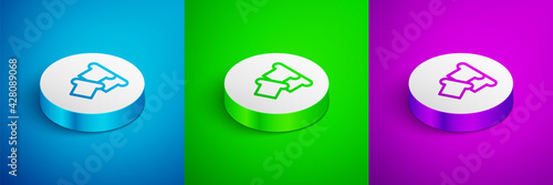 Isometric line Bread toast for sandwich piece of roasted crouton icon isolated on blue,green and purple background. Lunch, dinner, breakfast snack. White circle button. Vector