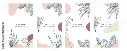 Social media stories and post creative Vector set. Background template with copy space for text and images design by abstract colored shapes, line arts , Tropical leaves warm color of the earth tone