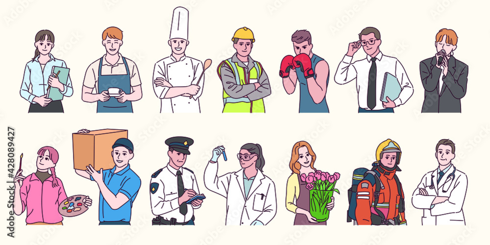 Characters in uniforms by profession. hand drawn style vector design illustrations. Characters in uniforms by profession. hand drawn style vector design illustrations.