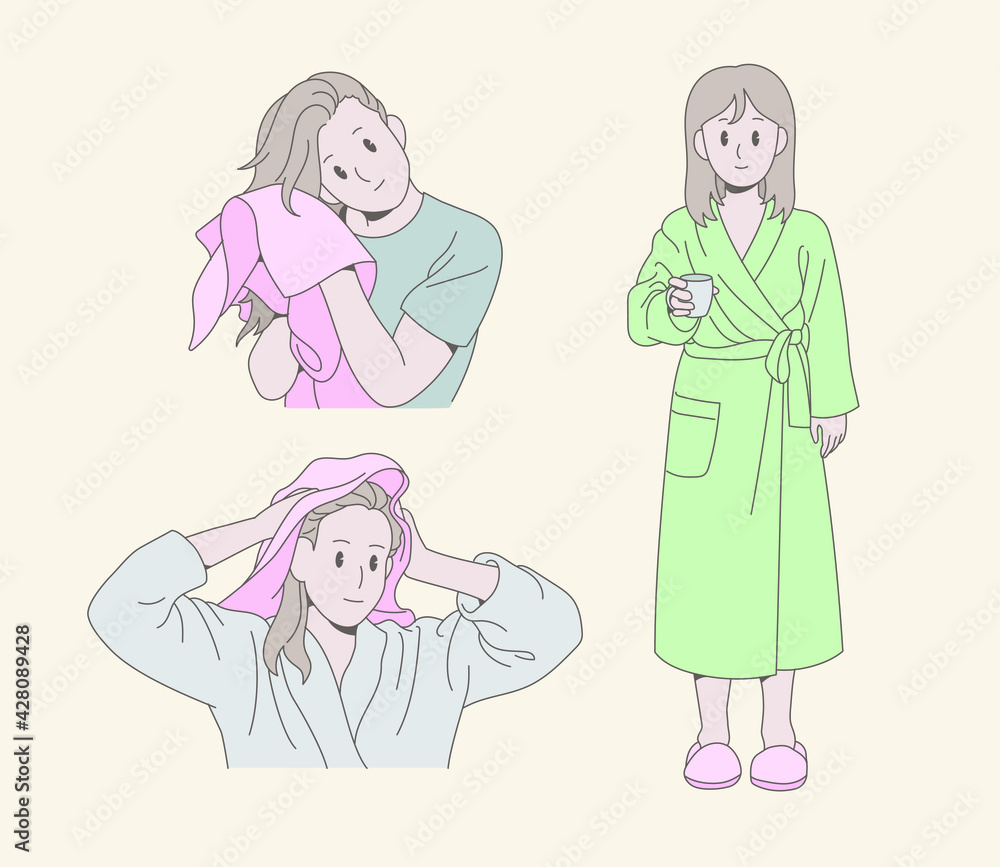 A girl is drying her hair with a towel. A girl is wearing a shower gown. hand drawn style vector design illustrations. 