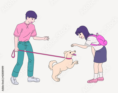 The boy is walking with the dog. The dog is glad to see a girl. hand drawn style vector design illustrations. 