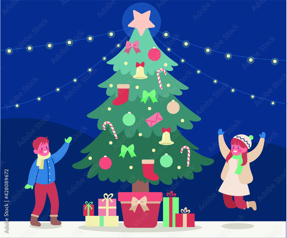 The children are delighted to see the gift boxes around the large Christmas tree. hand drawn style vector design illustrations. The children are delighted to see the gift boxes around the large Christmas tree. hand drawn style vector design illustrations.