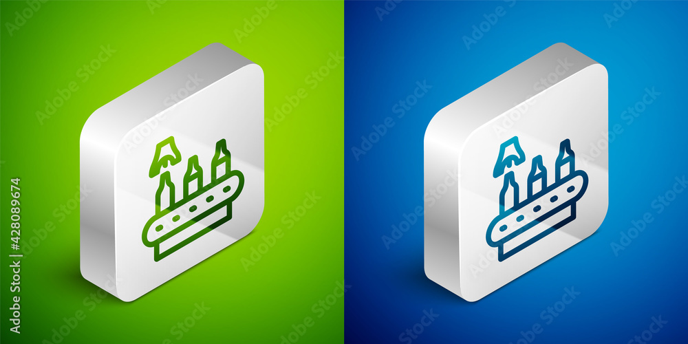 Isometric line Brewery factory production line pouring alcoholic drink in glass bottles icon isolated on green and blue background. Silver square button. Vector Isometric line Brewery factory production line pouring alcoholic drink in glass bottles icon isolated on green and blue background. Silver square button. Vector