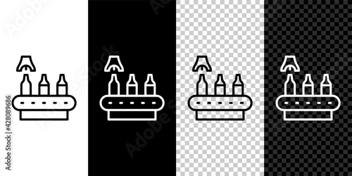 Set line Brewery factory production line pouring alcoholic drink in glass bottles icon isolated on black and white,transparent background. Vector