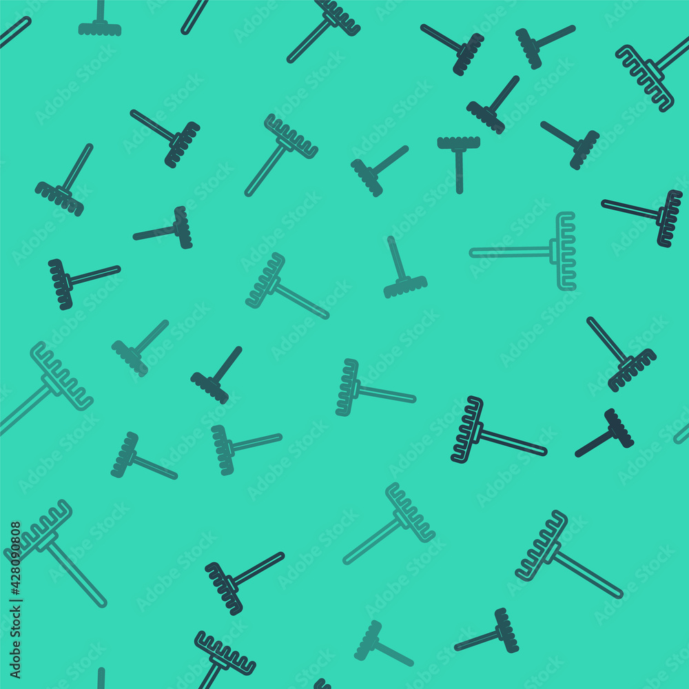 Black line Garden rake icon isolated seamless pattern on green background. Tool for horticulture, agriculture, farming. Ground cultivator. Housekeeping equipment. Vector Black line Garden rake icon isolated seamless pattern on green background. Tool for horticulture, agriculture, farming. Ground cultivator. Housekeeping equipment. Vector
