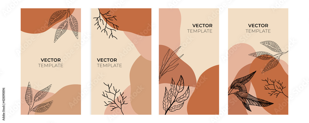 Set of abstract floral backgrounds for instagram posts and strories wot wave element background. Vector trendy minimal templates in boho style with copy space for text
