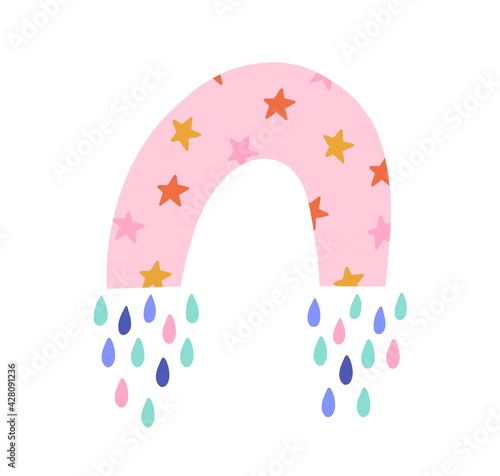 Cute funny rainbow with stars and magic colorful rain isolated on white backg...