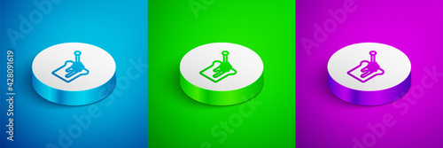 Isometric line Honey dipper stick with dripping honey icon isolated on blue, green and purple background. Honey ladle. White circle button. Vector