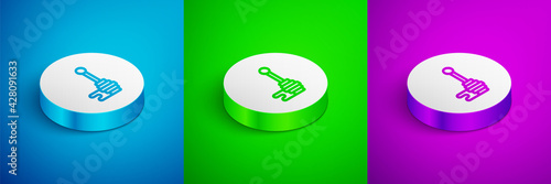 Isometric line Honey dipper stick with dripping honey icon isolated on blue, green and purple background. Honey ladle. White circle button. Vector