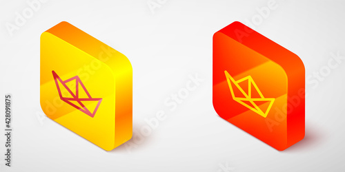 Isometric line Folded paper boat icon isolated on grey background. Origami paper ship. Yellow and orange square button. Vector