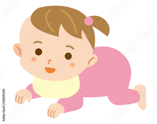 ハイハイをする女の子の赤ちゃんのシンプルなイラスト/白背景