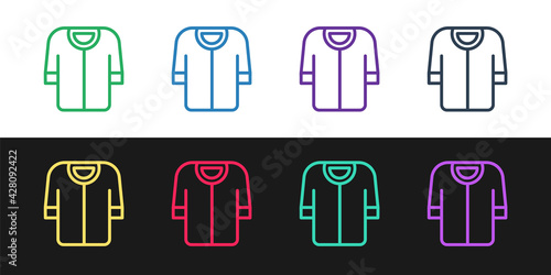 Set line Baseball t-shirt icon isolated on black and white background. Baseball jersey  sport uniform  raglan t-shirt sport. Vector