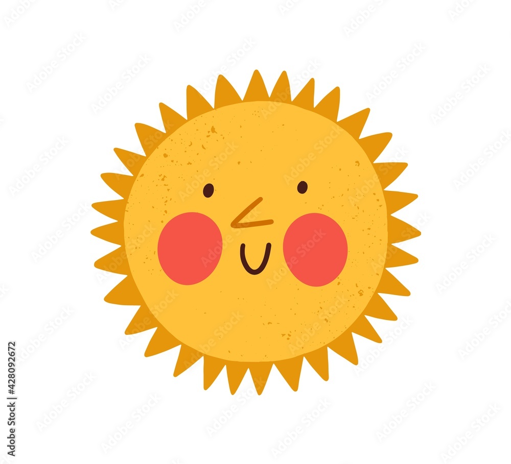 Cute happy sun with funny smiling face. Hot summer weather icon in doodle style. Children's Scandinavian drawing. Childish colored flat graphic vector illustration isolated on white background