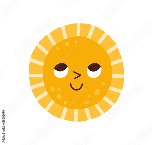 Cute sun character with happy smiling face and funny eyes. Children's drawing in doodle style. Summer sunrise. Childish colored flat graphic vector illustration isolated on white background