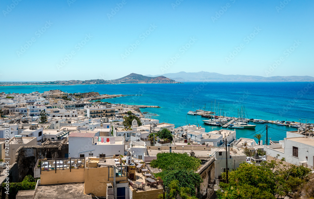 Fototapeta premium Panoramic view of Naxos, Greece. Naxos is a town (and an island) in the Aegean sea and its a very popular tourist destination.