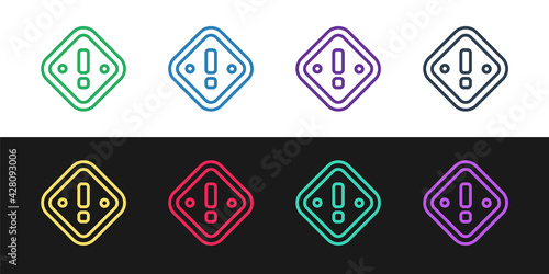 Set line Exclamation mark in triangle icon isolated on black and white background. Hazard warning sign, careful, attention, danger warning important sign. Vector