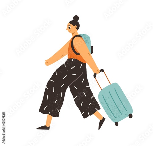 Happy woman traveling with suitcase and backpack. Tourist pulling her luggage. Passenger walking with baggage. Colored flat vector illustration of traveler with bags isolated on white