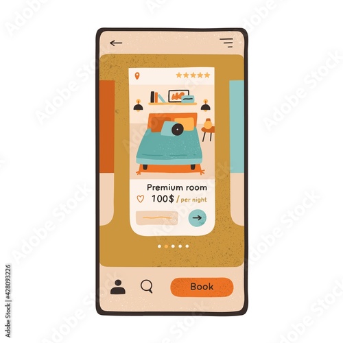 Cell phone screen with app interface for hotel book. Online booking of accommodation concept. Mobile application for apartment rent. Colored flat vector illustration isolated on white background