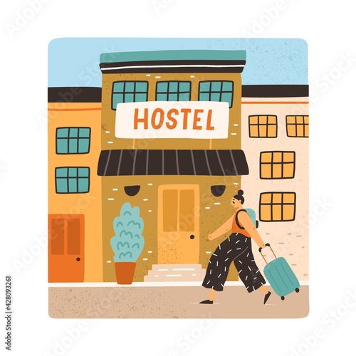 Tourist with backpack and suitcase going to hostel entry. Hotel building for night accommodation. Colored flat vector illustration of young woman with luggage walking to house entrance