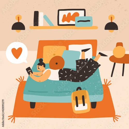 Woman using mobile phone and clicking likes in bed in hotel room. Person chatting online or giving feedback on smartphone. Colored flat vector illustration of human with cellphone in trendy interior