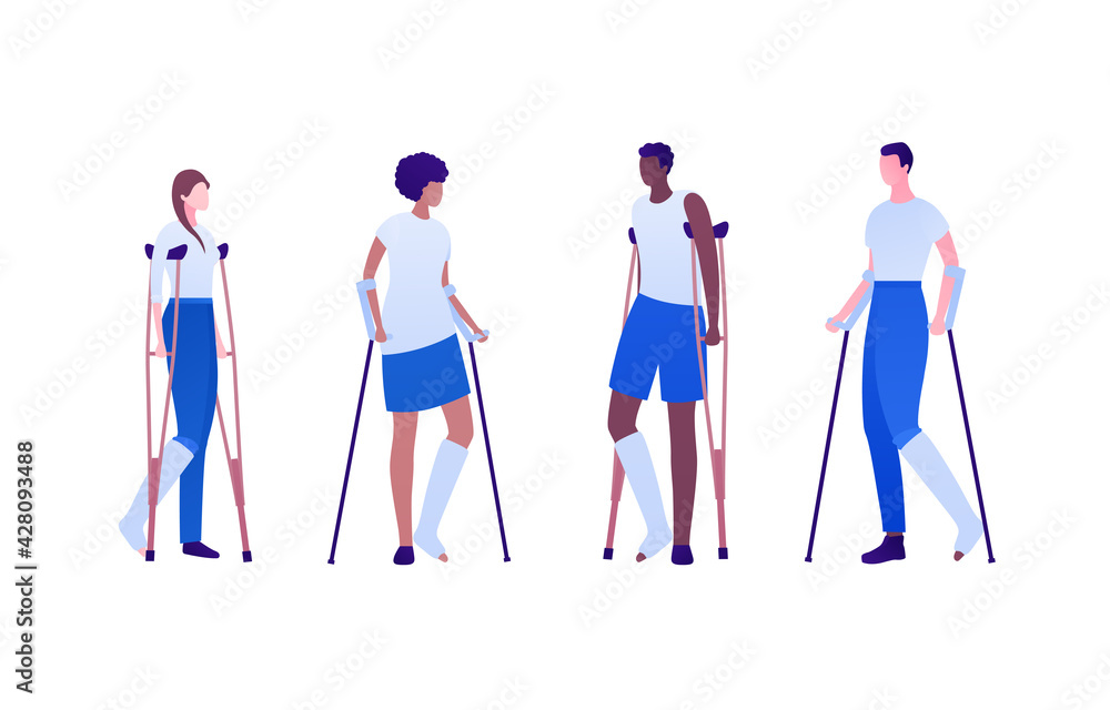 Bandaged injury concept. Vector flat patient character illustration set. Broken leg. Man and woman standing with injured foot in bandage and crutches. Design element for health care. Bandaged injury concept. Vector flat patient character illustration set. Broken leg. Man and woman standing with injured foot in bandage and crutches. Design element for health care.