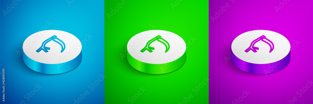 Isometric line Scythe icon isolated on blue, green and purple background. Happy Halloween party. White circle button. Vector Isometric line Scythe icon isolated on blue, green and purple background. Happy Halloween party. White circle button. Vector