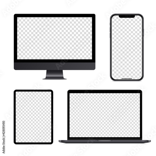 Set of realistic vector device mockup. Blank screen computer, monitor, laptop, tablet, mobile smart phone. Editable devices screens template on white background. Isolated dark design illustration