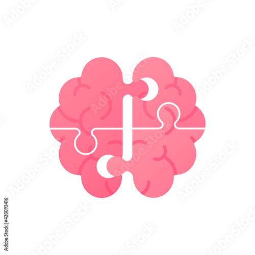 Mind, think, psychology and mental disease concept. Vector flat color icon illustration. Brain jigsaw puzzle silhouette. Creative thinking, brainstorm and dementia symbol.