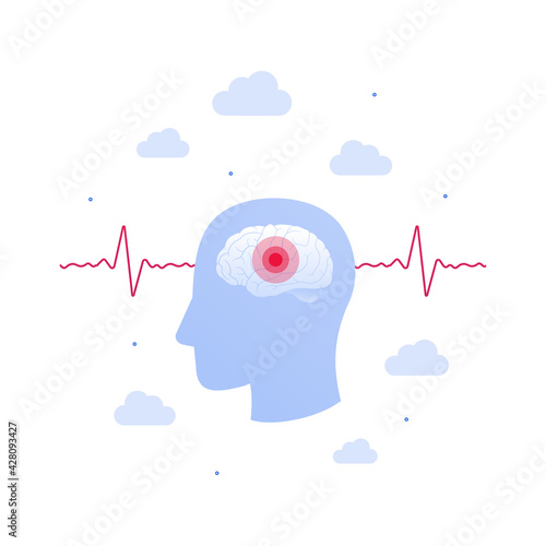 Brain disease concept. Vector flat illustration set. Head silhouette with red stroke symbol dot with heartbeat symbol on background. Health care neurology medical sign. Design element.