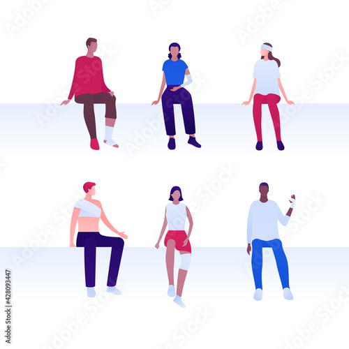 Bandaged injury concept. Vector flat patient character illustration set. Collection of men and women sitting with injured joints in bandage. Design element for health care, medical infographic.