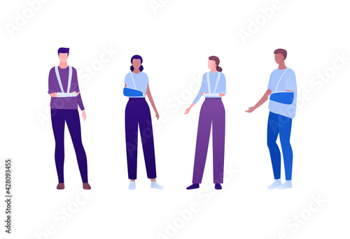 Bandaged injury concept. Vector flat patient character illustration set. Broken arm. Man and woman standing with injured hand in bandage. Design element for health care, medical infographic.