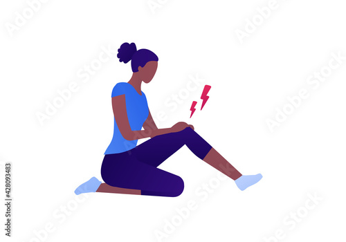 Bandaged injury concept. Vector flat patient character illustration set. Knee pain. African american female athlete sitting with injured leg in bandage and crutches. Design element for health care.