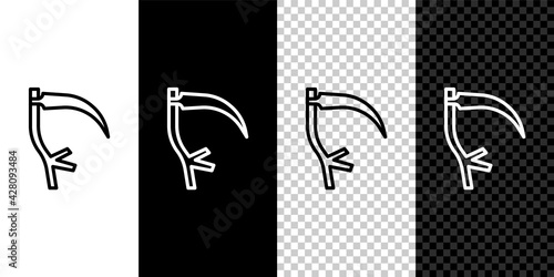 Set line Scythe icon isolated on black and white, transparent background. Happy Halloween party. Vector