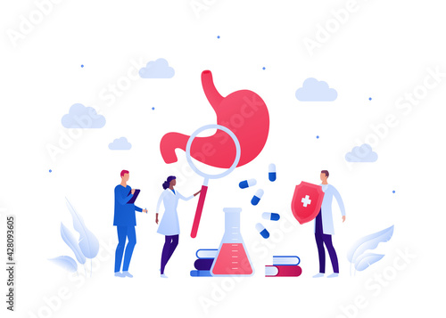 Stomach check and gastrology concept. Vector flat people illustration. Digestive system, lab equipment and shield symbol. Group of male and female doctor. Design for health care, education, science.