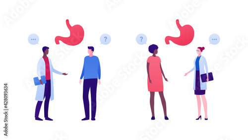 Stomach check and gastrology concept. Vector flat people illustration. Digestive system checkup. Doctor and patient appointment. Group of male and female character. Design for health care.