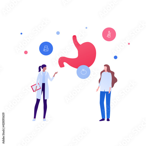 Stomach check and gastrology concept. Vector flat people illustration. Digestive system checkup. Female doctor and patient appointment. Diet and medicine icon symbol. Design for health care.