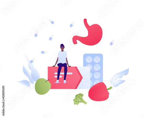 Stomach disease and gastrology concept. Vector flat people illustration. African american patient sitting of medicine pills. Apple, broccoli diet and medication symbol. Design for health care.