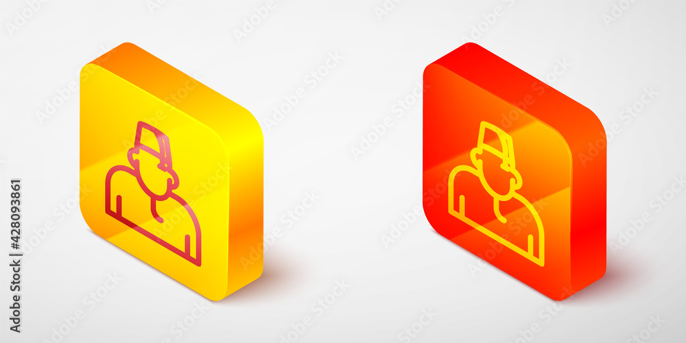 Isometric line Muslim man icon isolated on grey background. Yellow and orange square button. Vector Isometric line Muslim man icon isolated on grey background. Yellow and orange square button. Vector
