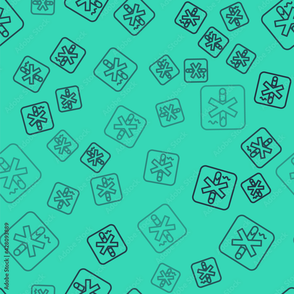 Black line No Smoking icon isolated seamless pattern on green background. Cigarette symbol. Vector Black line No Smoking icon isolated seamless pattern on green background. Cigarette symbol. Vector