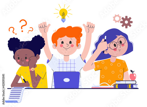 Classmates at the exam. Girls and a boy doing an assignment in the classroom. The concept of learning and knowledge. Flat vector illustration.