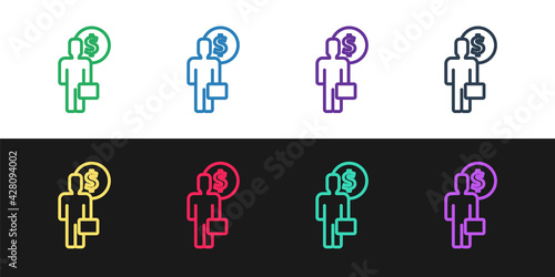 Set line Business man planning mind icon isolated on black and white background. Human head with dollar. Idea to earn money. Business investment growth. Vector