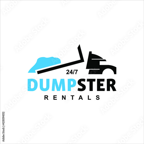 Dumpster rental logo line vector blue container truck symbol fast delivery suitable for industrial or business company service template
