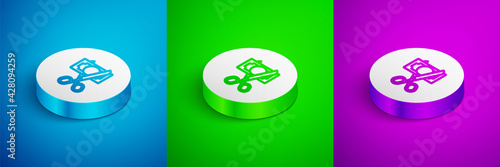 Isometric line Scissors cutting money icon isolated on blue, green and purple background. Price, cost reduction or price reduction icon concept. White circle button. Vector