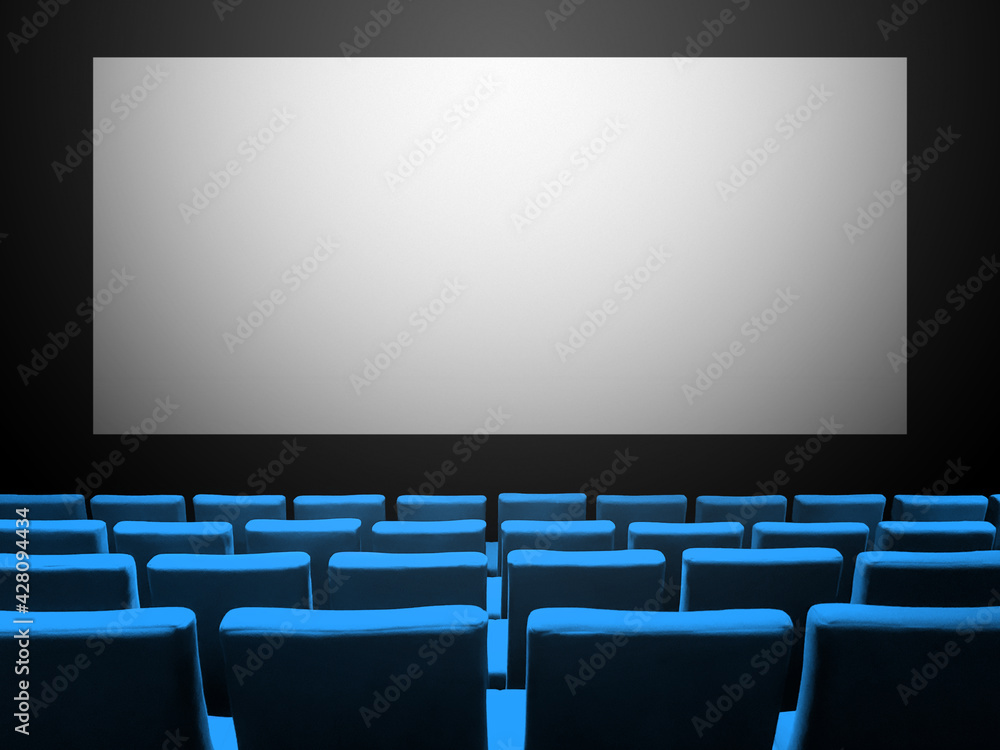 Cinema movie theatre with blue seats and a blank white screen Cinema movie theatre with blue seats and a blank white screen
