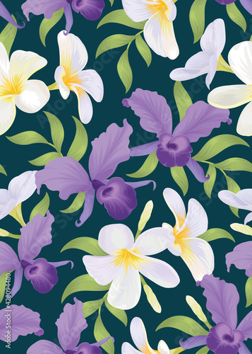 Seamless pattern of orchid flower and plumeria background template. Vector set of floral element for wedding invitations, greeting card, brochure, banners and fashion design.