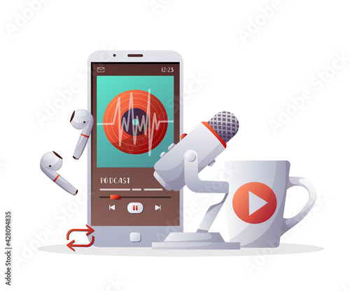 Microphone, Phone, earphones and cup. Podcast, Streaming, Online show, blogging, radio broadcasting concept.  isolated vector illustration for poster, banner, advertising.