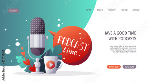 Microphone and cup. Podcast, Streaming, Online show, blogging, radio broadcasting concept. Vector illustration for website, poster, banner, advertising.