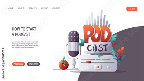 Microphone, music control, podcst sign. Streaming, Podcast, Online show, blogging, radio broadcasting concept. Vector illustration for website, poster, banner, advertising.