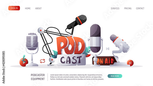 Microphones, podcast elements. Podcast, Streaming, Online show, blogging, radio broadcasting concept. Vector illustration for website, poster, banner, advertising.