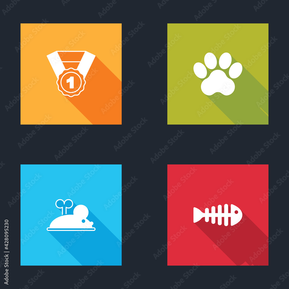 Set Dog award symbol, Paw print, Clockwork mouse and Fish skeleton icon. Vector Set Dog award symbol, Paw print, Clockwork mouse and Fish skeleton icon. Vector